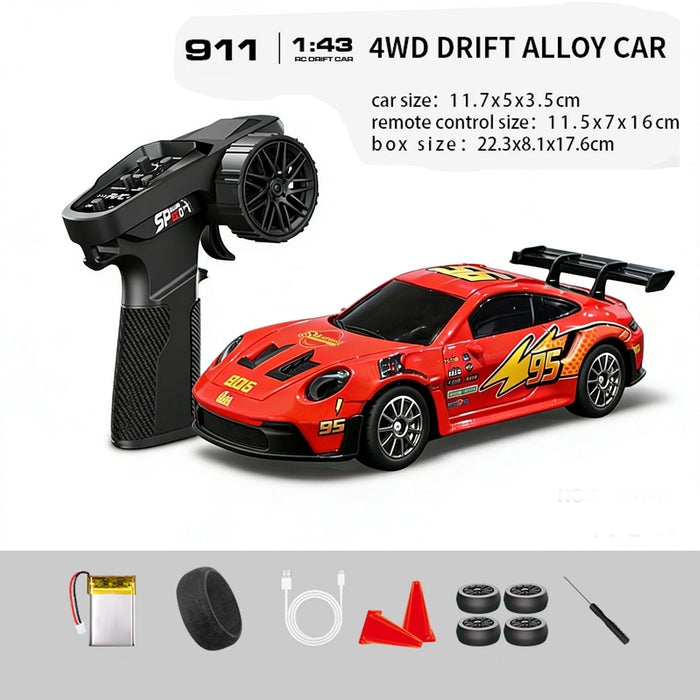 Hstar D43-01Q 1/43 4WD Alloy Drift RC Car – 911 Style, Full Proportional Control, Gyro, Dual-Speed, LED Lights & Type-C Charging