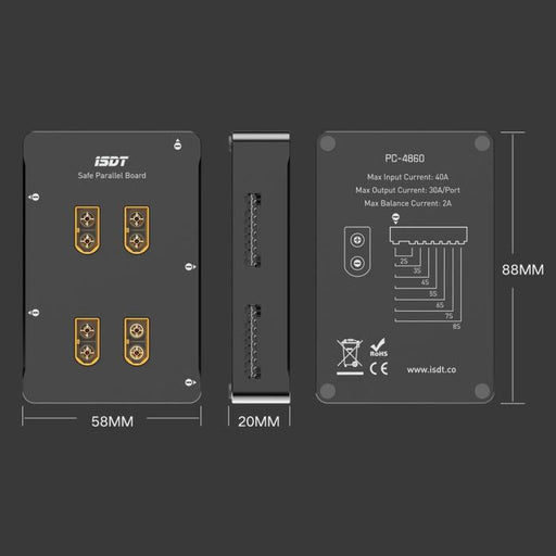 ISDT PC-4860S dimensions showing 88 x 58 x 20mm aluminum parallel charging board