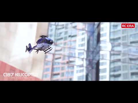Flight demo video thumbnail showing RC ERA C187 EC135 helicopter hovering outdoors video