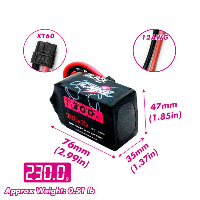 CNHL 1300mah 22.2v 6s 100c lipo battery Size height 48mm width 35mm lenth 76mm Weight 230g