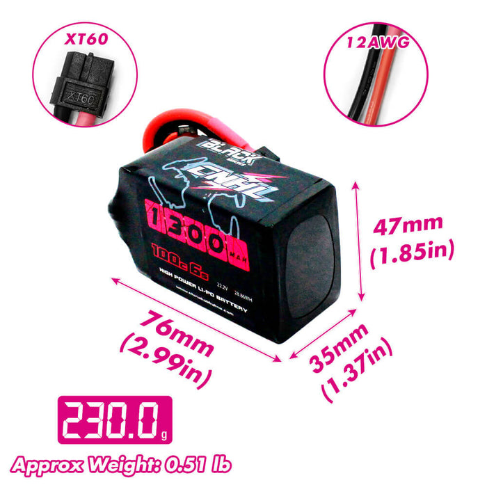 CNHL 1300mah 22.2v 6s 100c lipo battery Size height 48mm width 35mm lenth 76mm Weight 230g