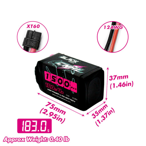 CNHL 1500mah 14.8v 4s 100c lipo battery Size height 37mm width 35mm lenth 75mm Weight 183g